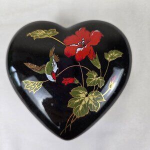 Black Heart Shaped Trinket Box Bird and Flowers Gold Accents Removable Lid